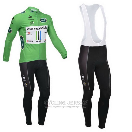 2013 Cycling Jersey Cannondale Lider Green and White Long Sleeve and Bib Tight